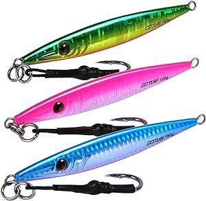 Goture Fishing Jigs Saltwater 60g-200g with Assist Hook, Glow Vertical Jigs, Speed Fast Lead Jig Sea Fishing Jigging Spoon Lures for Tuna, Salmon, Sailfish, Striped bass, Grouper Snapper, Kingfish